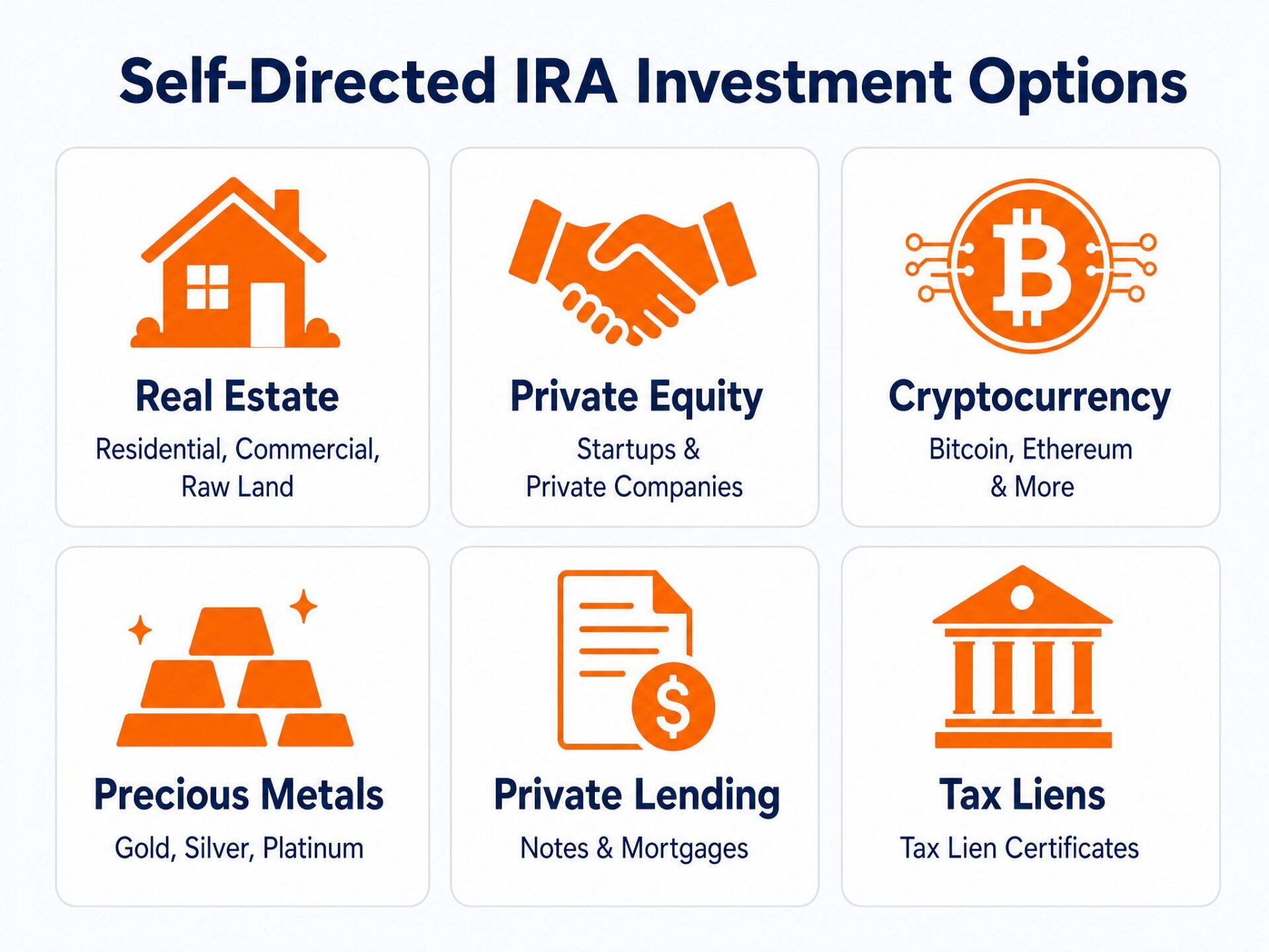 Self-Directed IRA Investment Options Infographic - Real Estate, Precious Metals, Private Equity